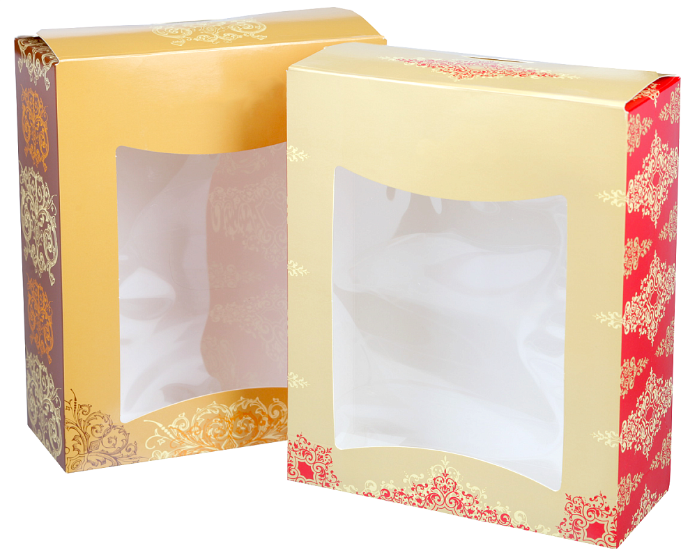 : коробка "пакет с окном" корпод коричневый орнамент 18,5*8*22